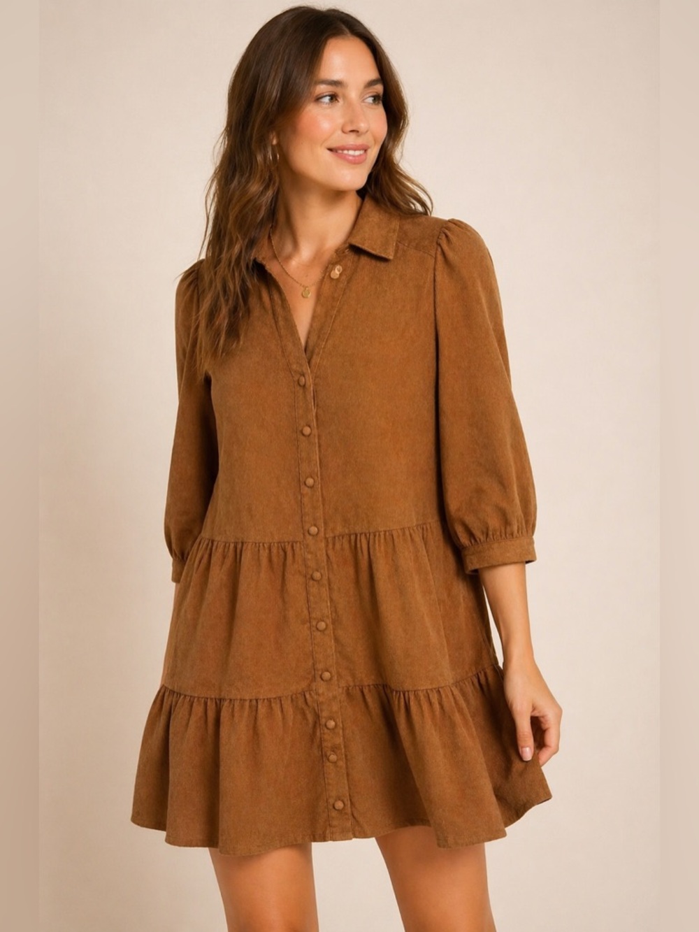 Pinch Brown Corduroy Tiered Shirt Dress Boho Fall Button Front Small